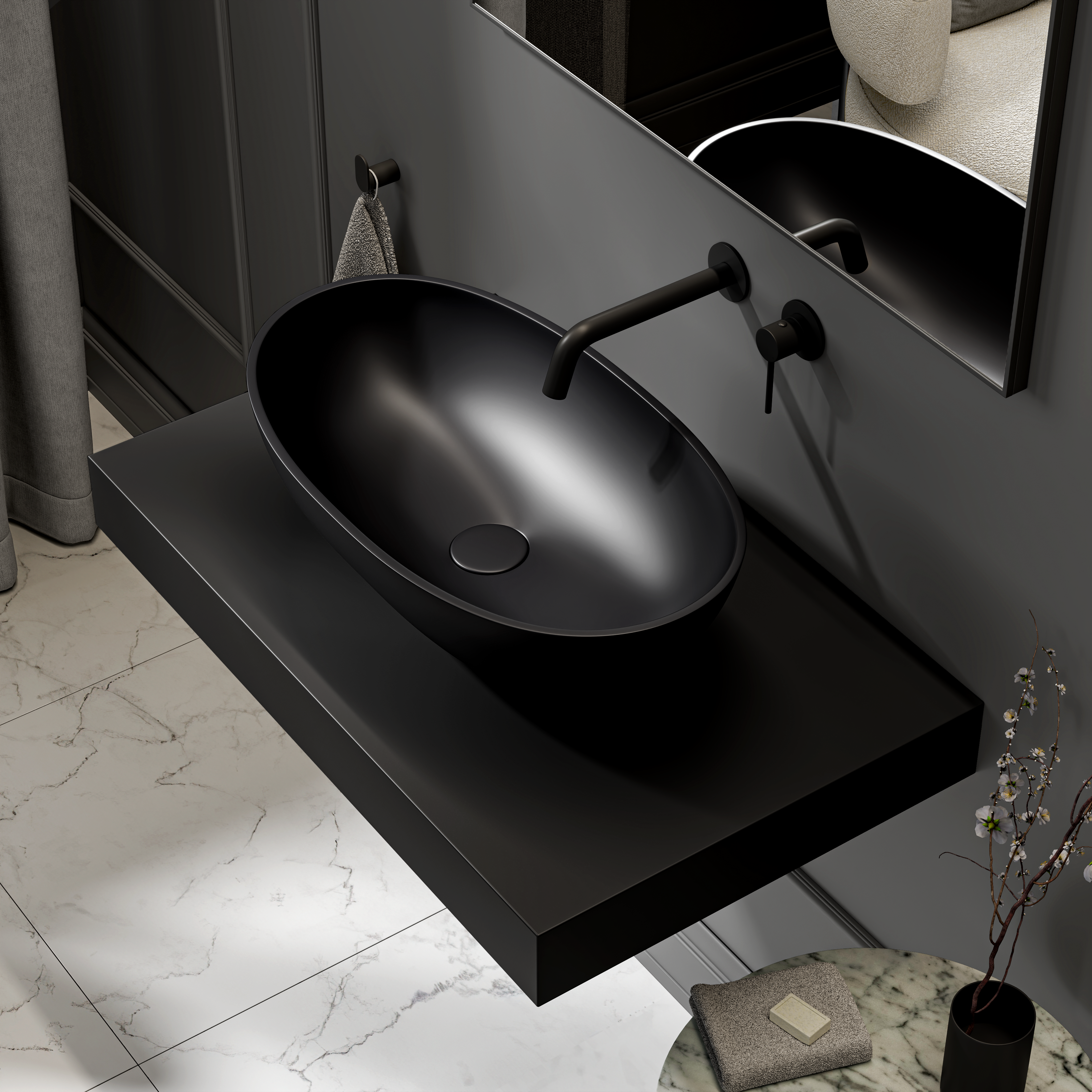 Burton Countertop Stone Basin 625mm Matte Black