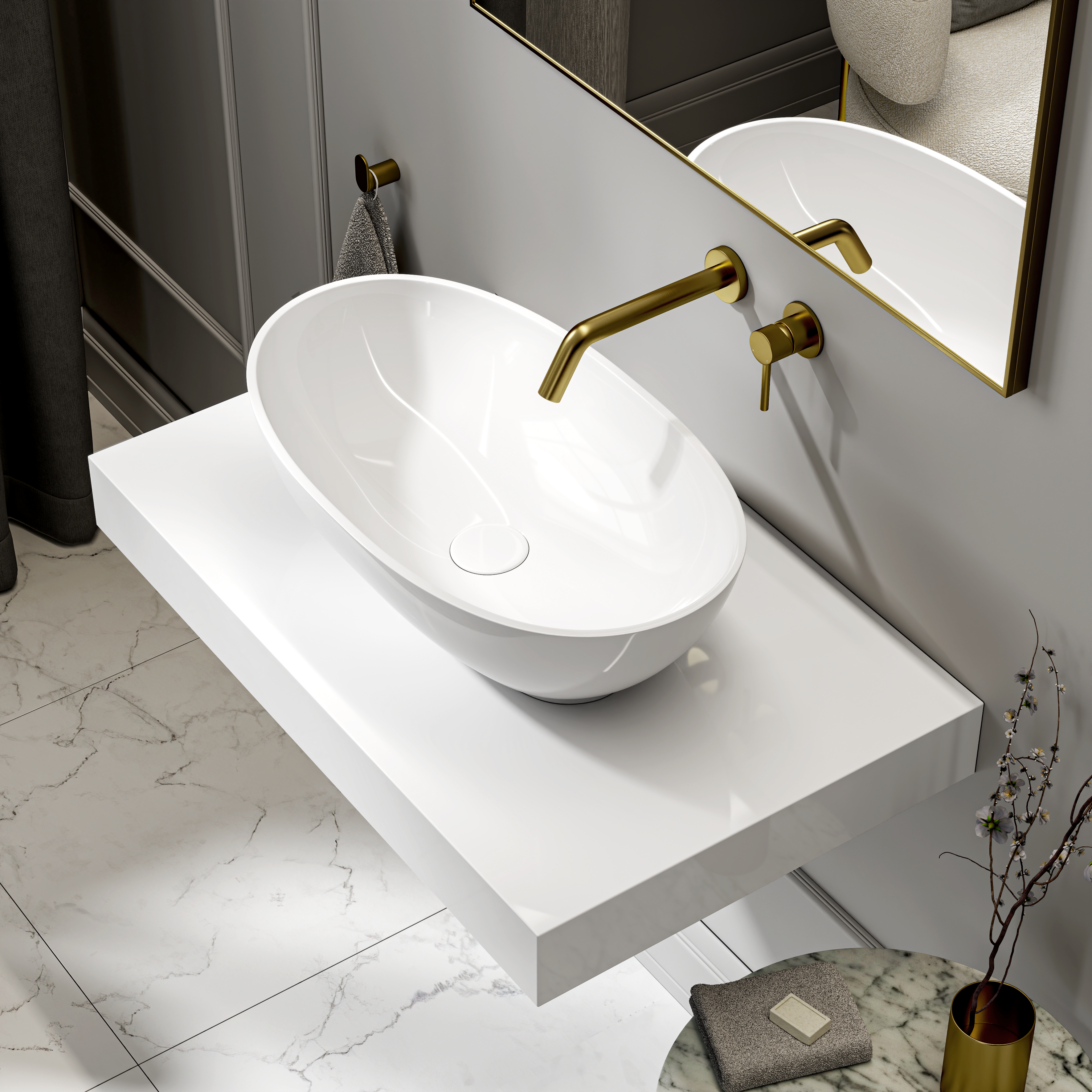 Burton Countertop Stone Basin 625mm White