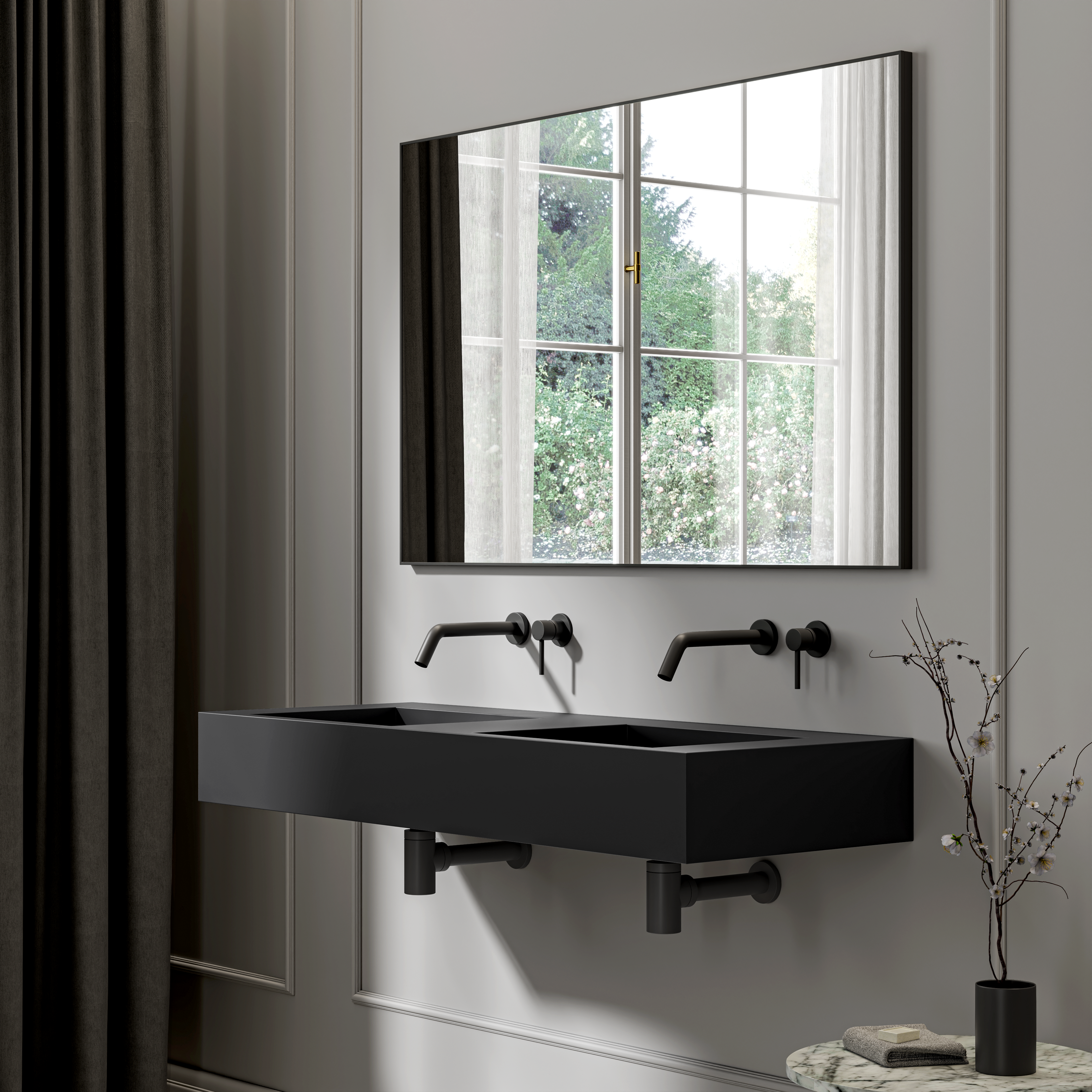 Franklin Wall Hung Double Stone Basin Matte Black 1200mm