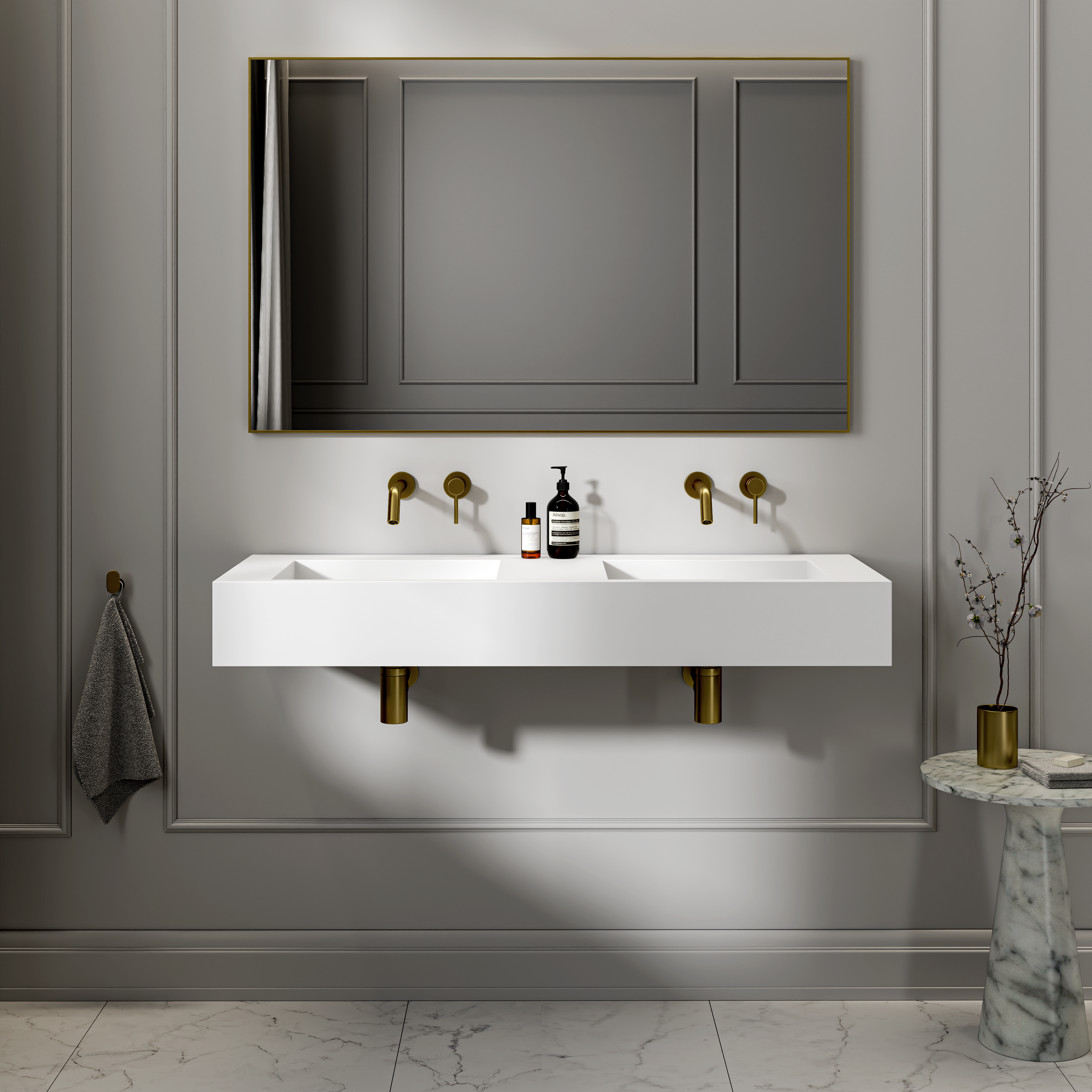 Franklin Wall Hung Double Stone Basin Matte White 1200mm