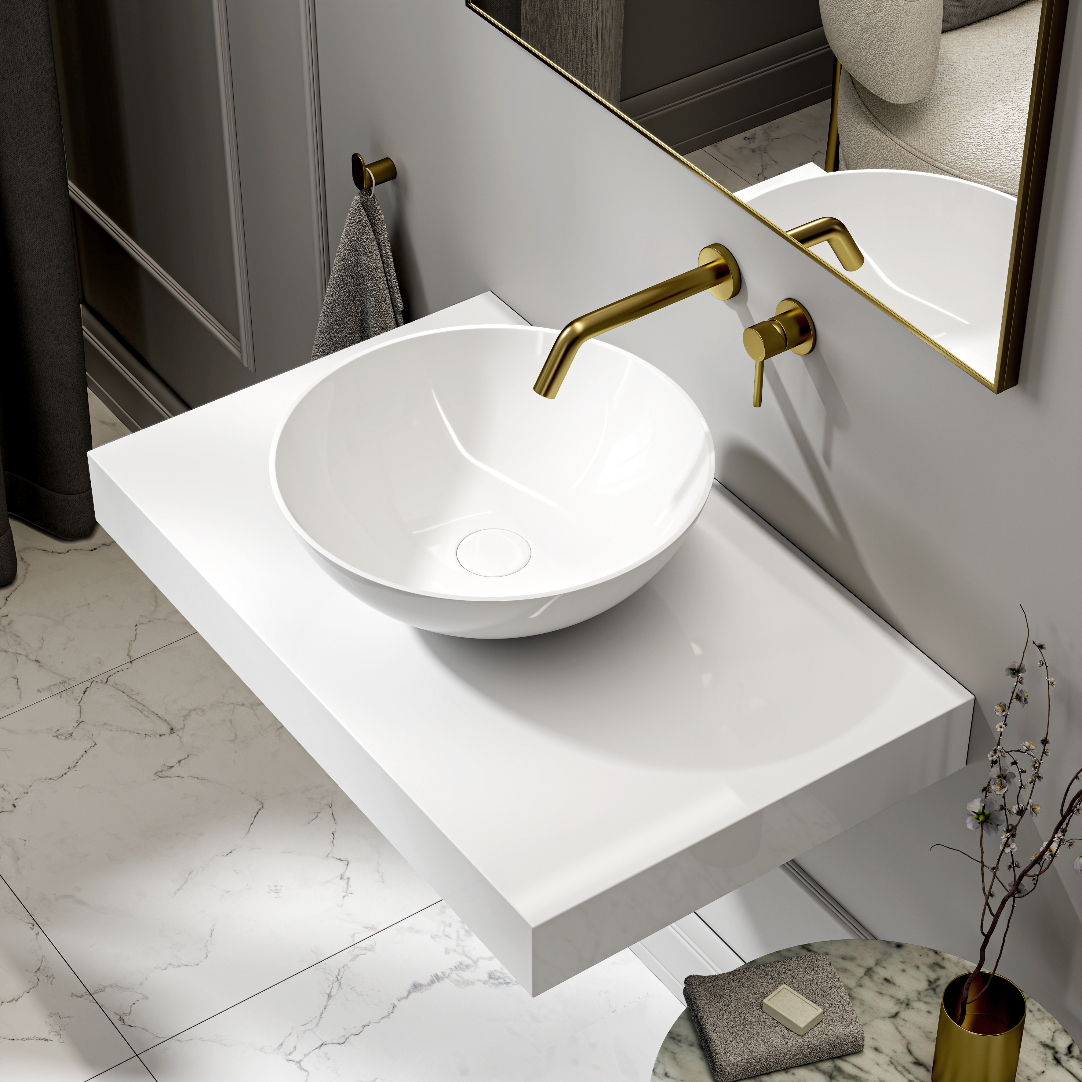 Lambeth Round Countertop Stone Basin 420mm White