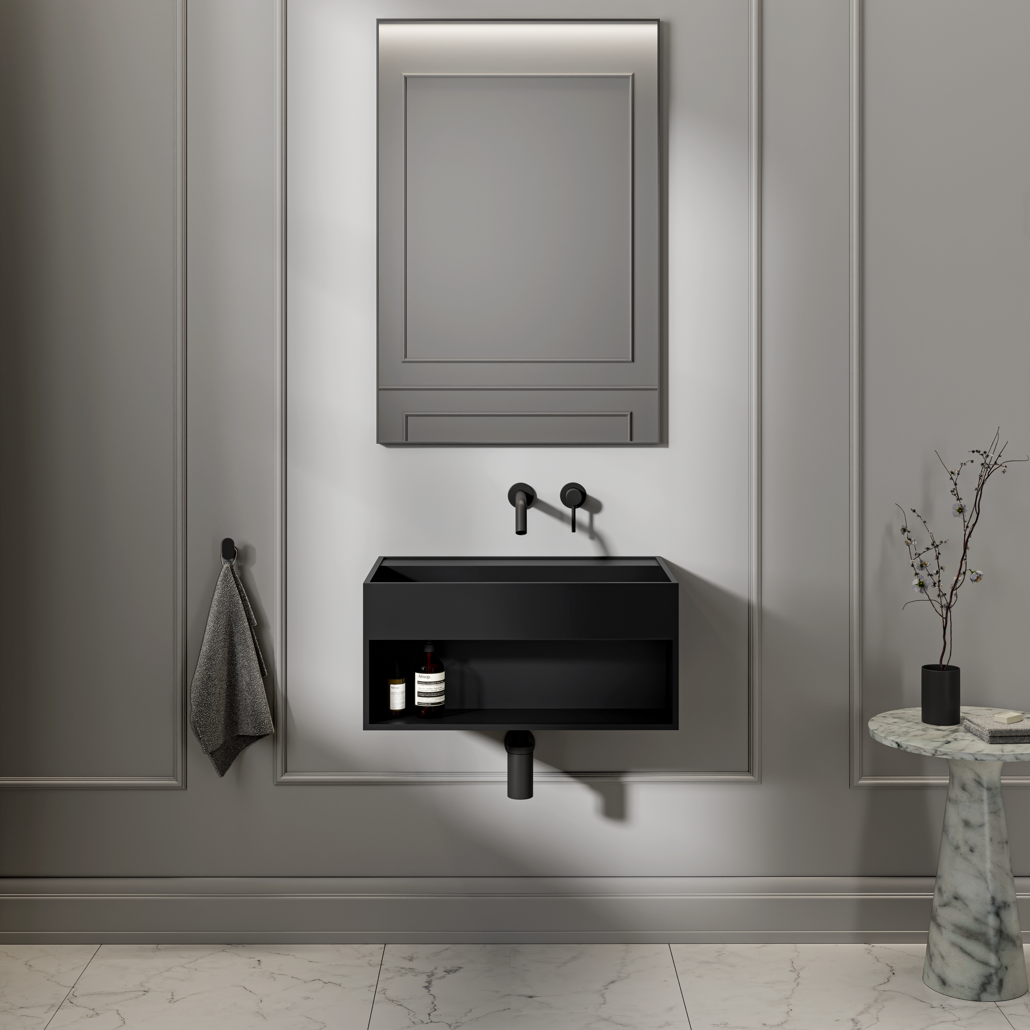 Milton Wall Hung Stone Basin Matte Black 600mm