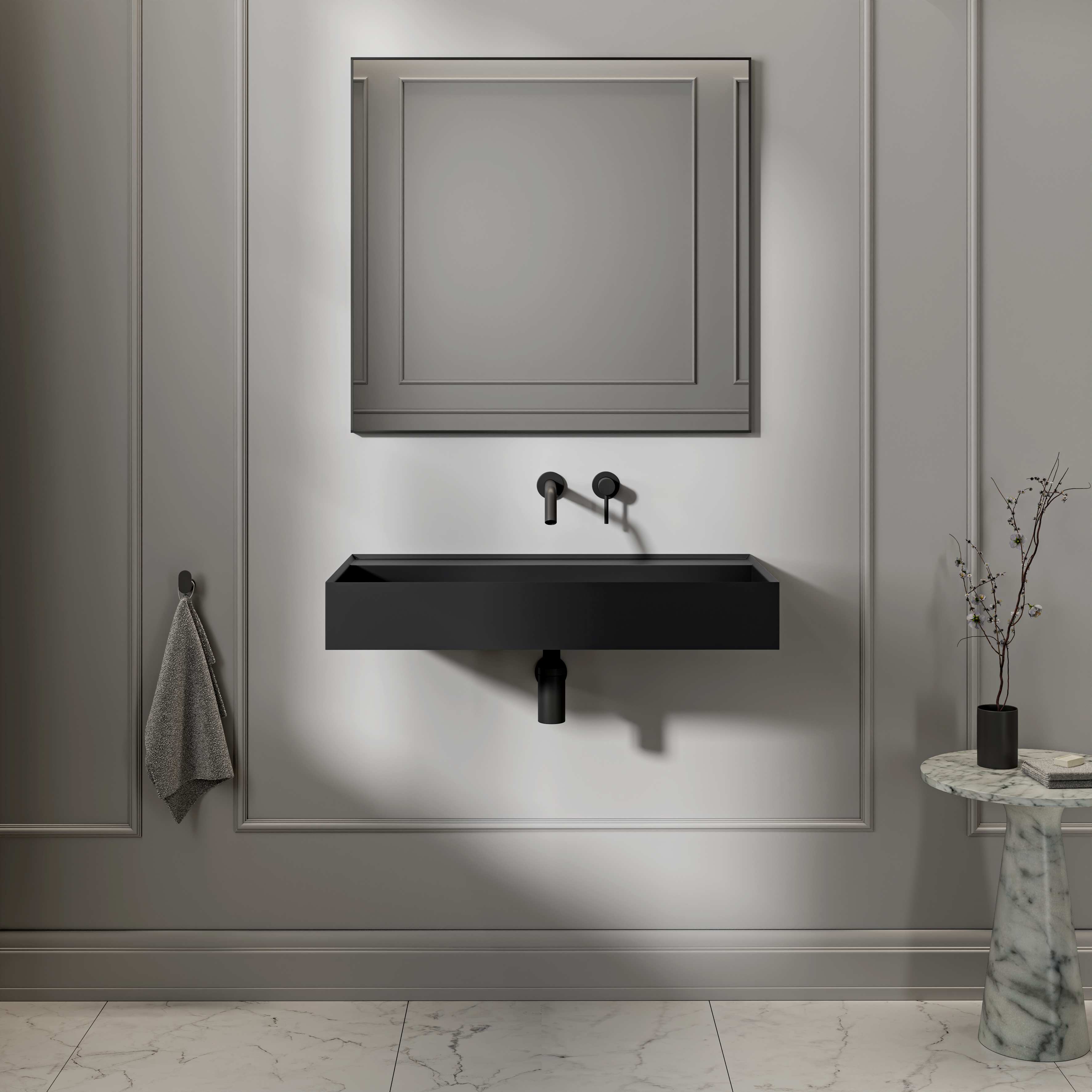 Sutton Wall Hung Stone Basin Matte Black 800mm