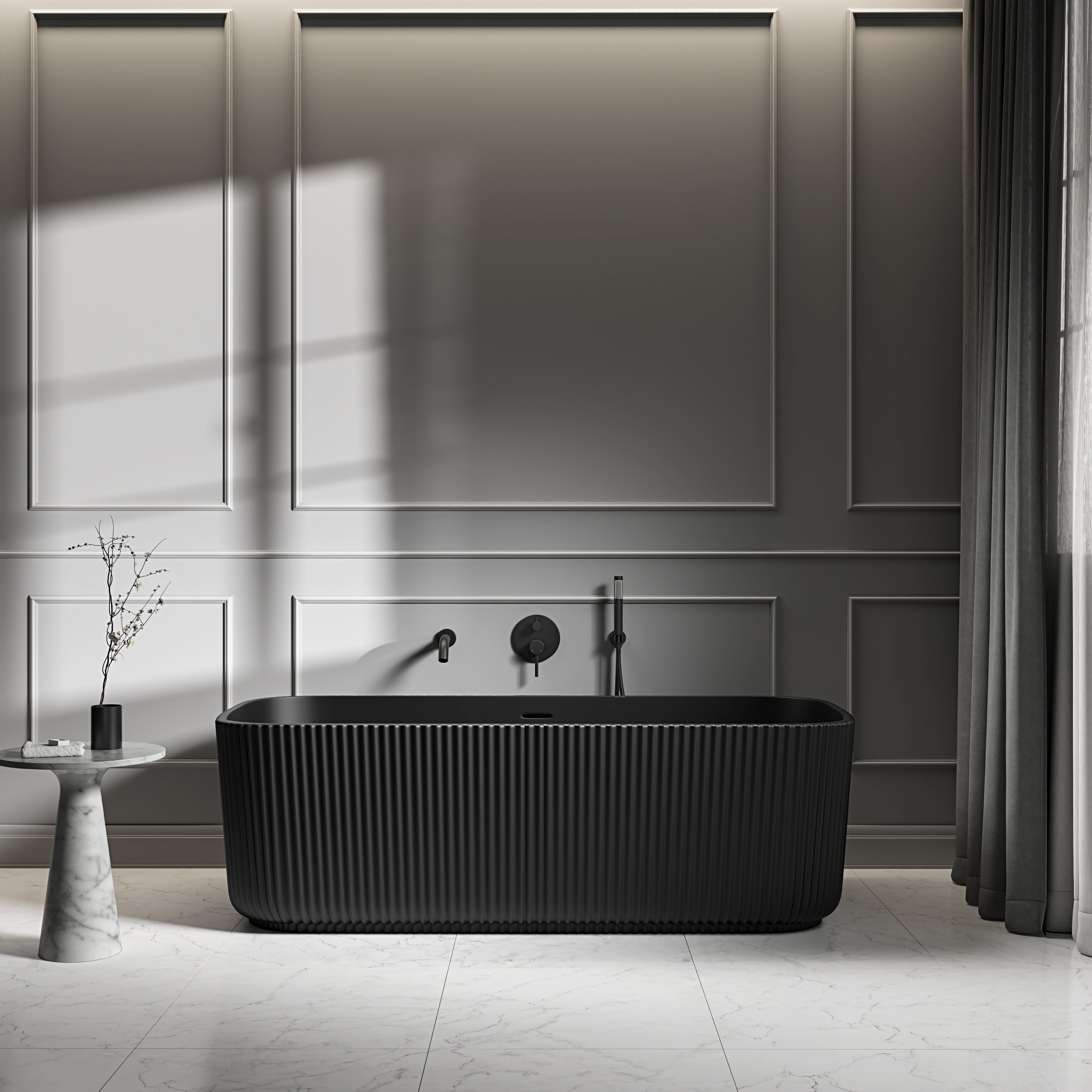 Stamford Freestanding Matte Black Fluted Stone Bath 1700mm