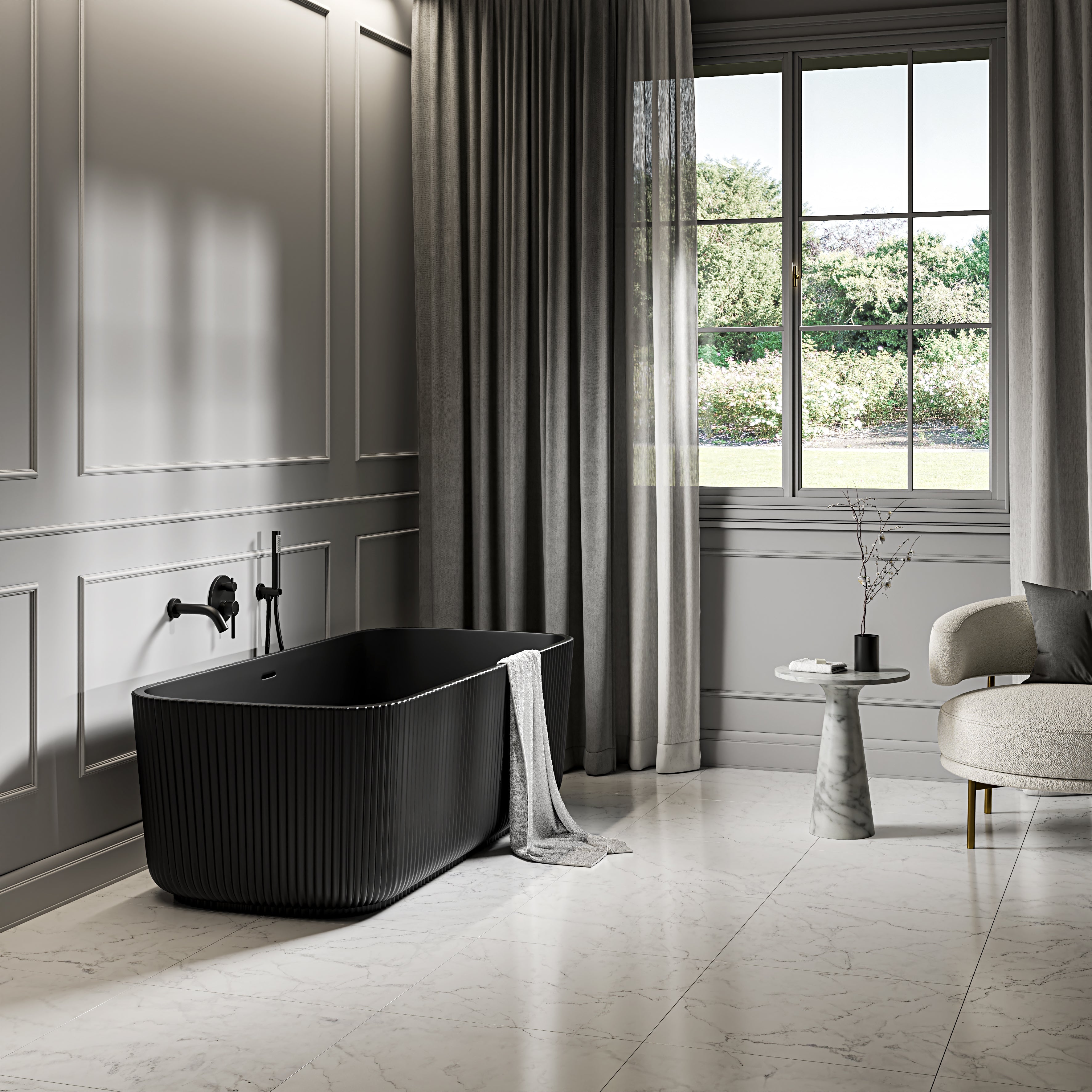 Stamford Freestanding Matte Black Fluted Stone Bath 1700mm