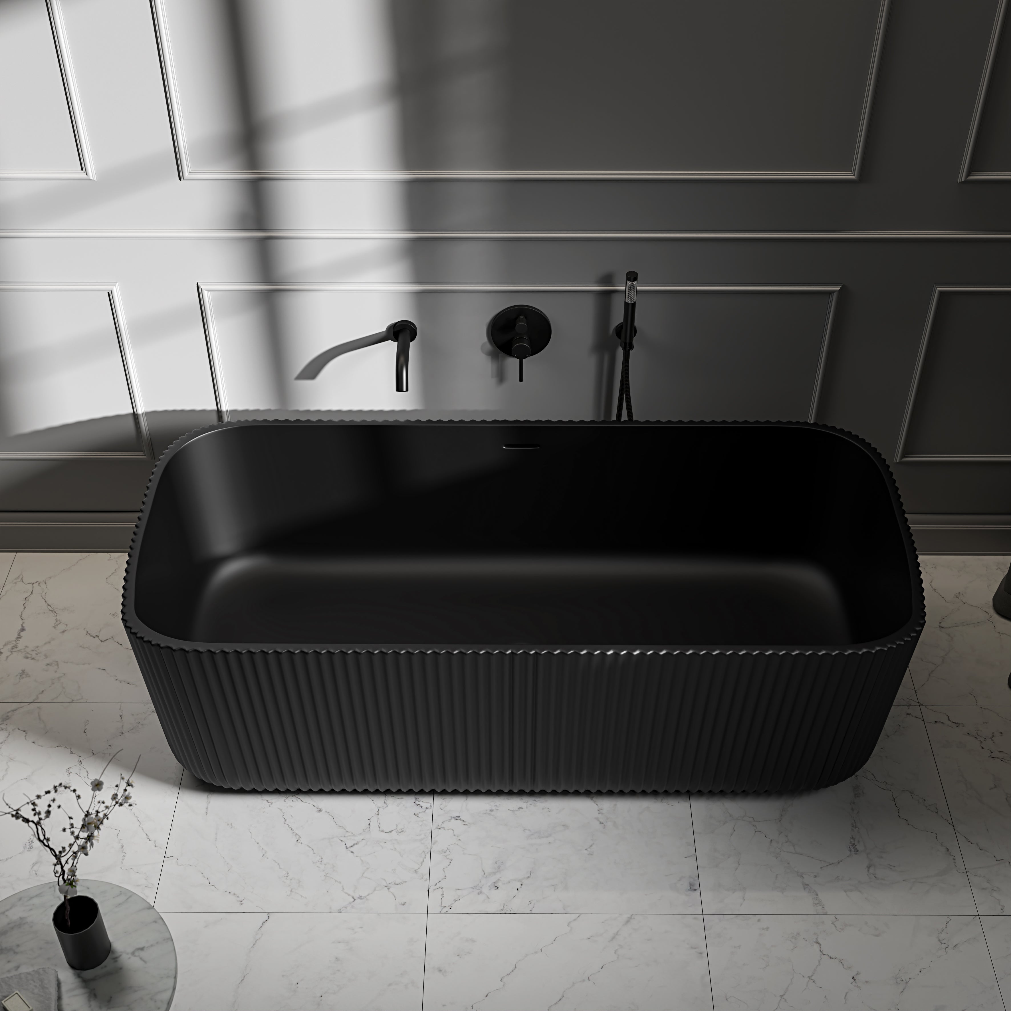 Stamford Freestanding Matte Black Fluted Stone Bath 1700mm