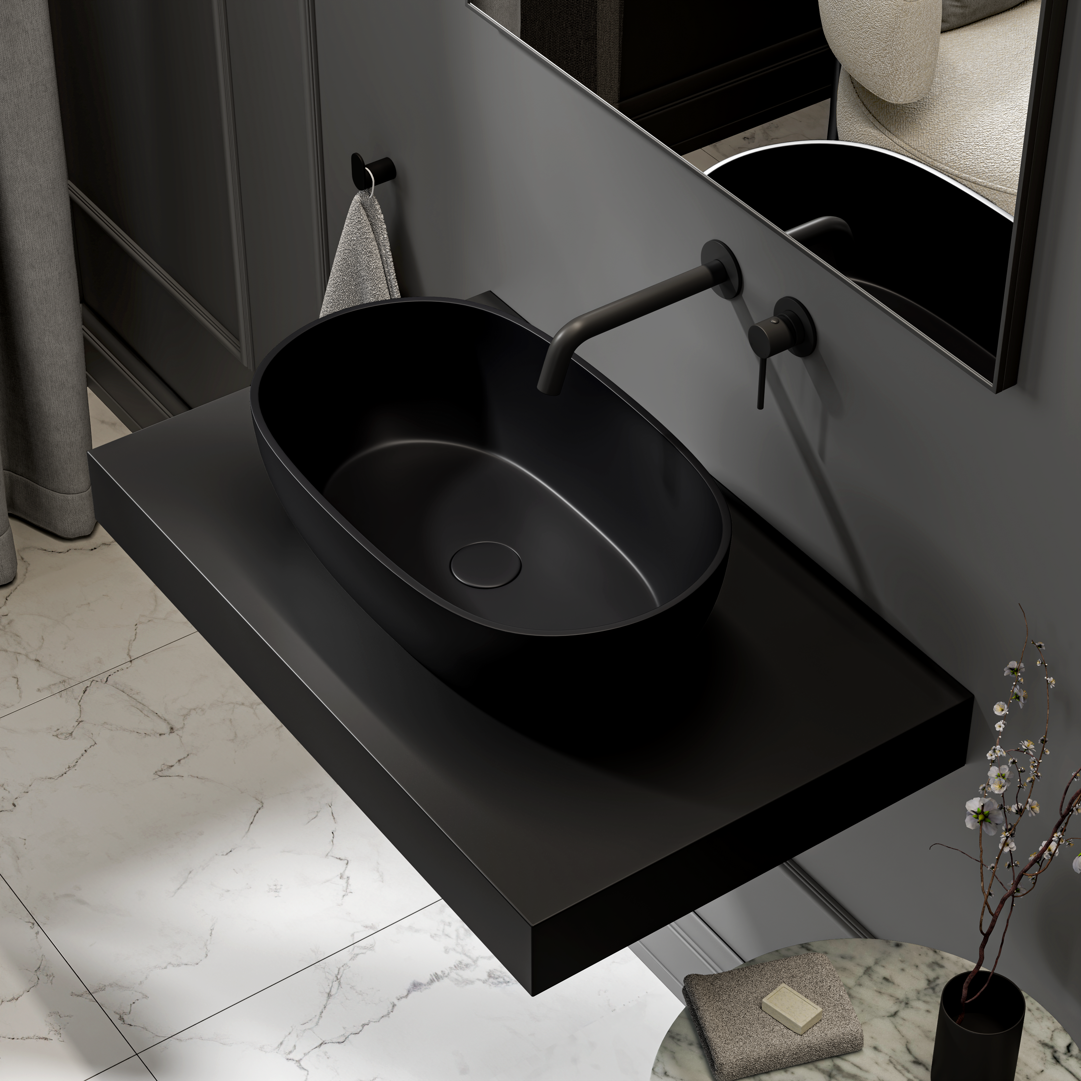 Bromley Countertop Stone Basin 560mm Matte Black