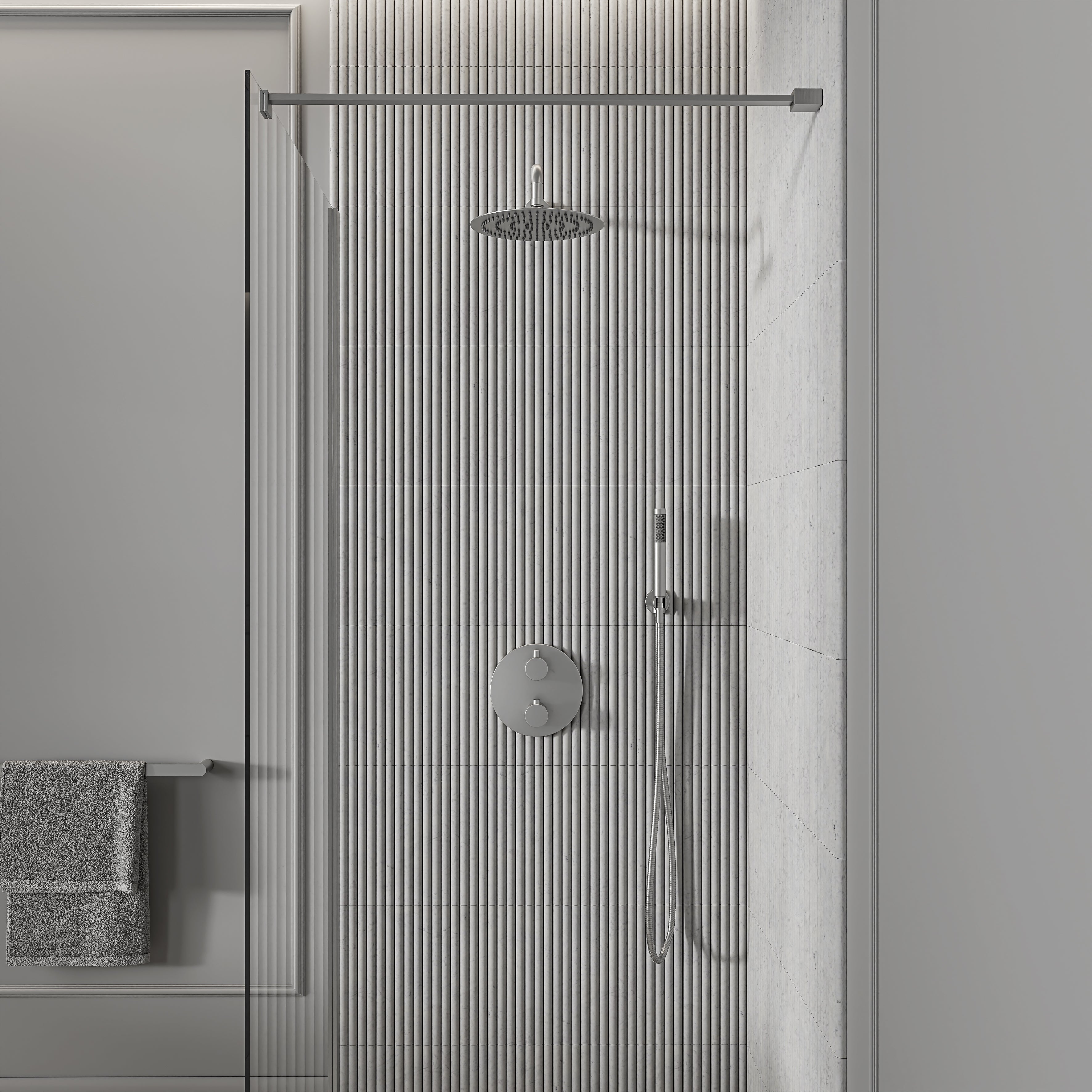 Nuvo Brushed Stainless Thermostatic Shower With Handheld Shower