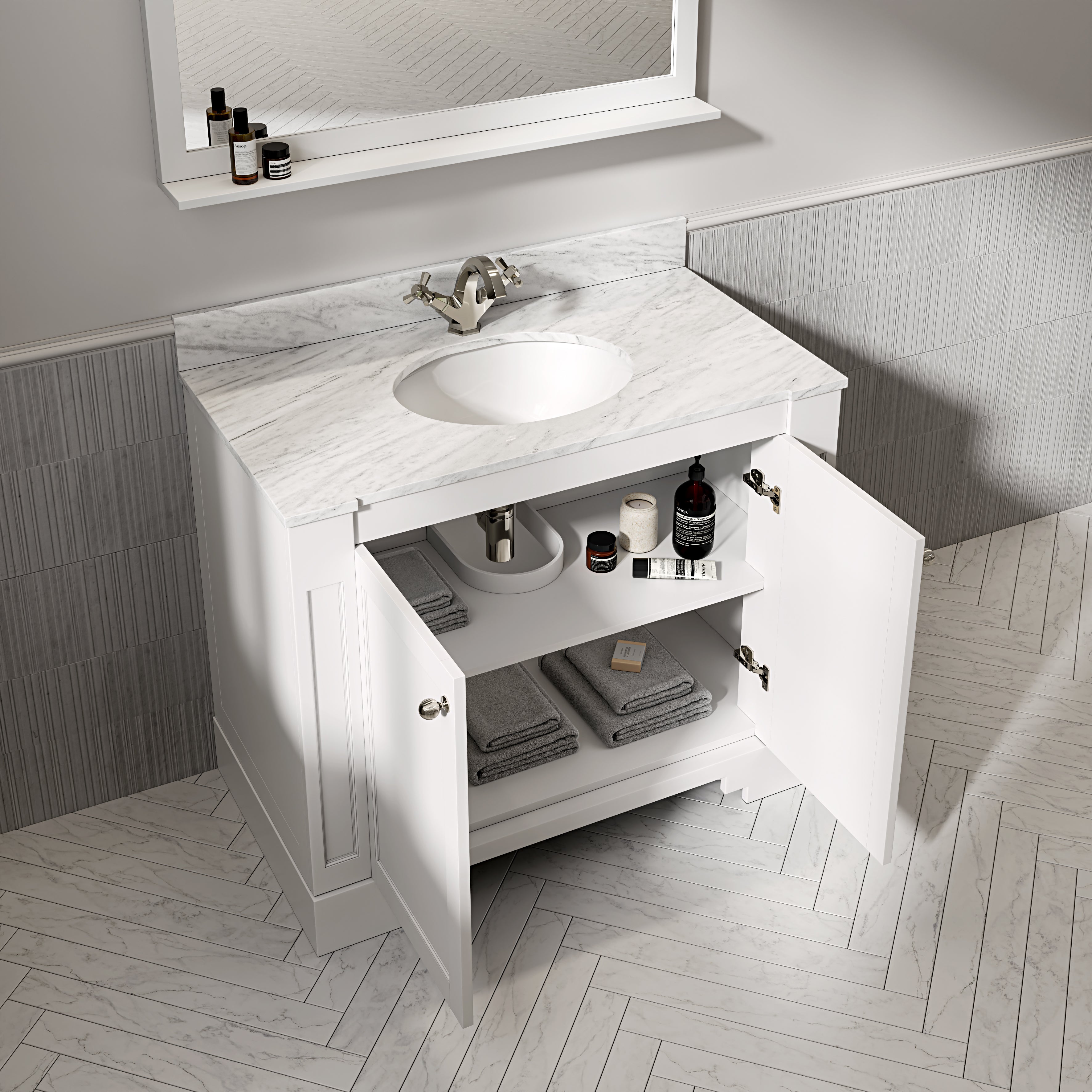 Wentworth Carrara Marble Floorstanding Vanity Unit (Matte White) 1000mm