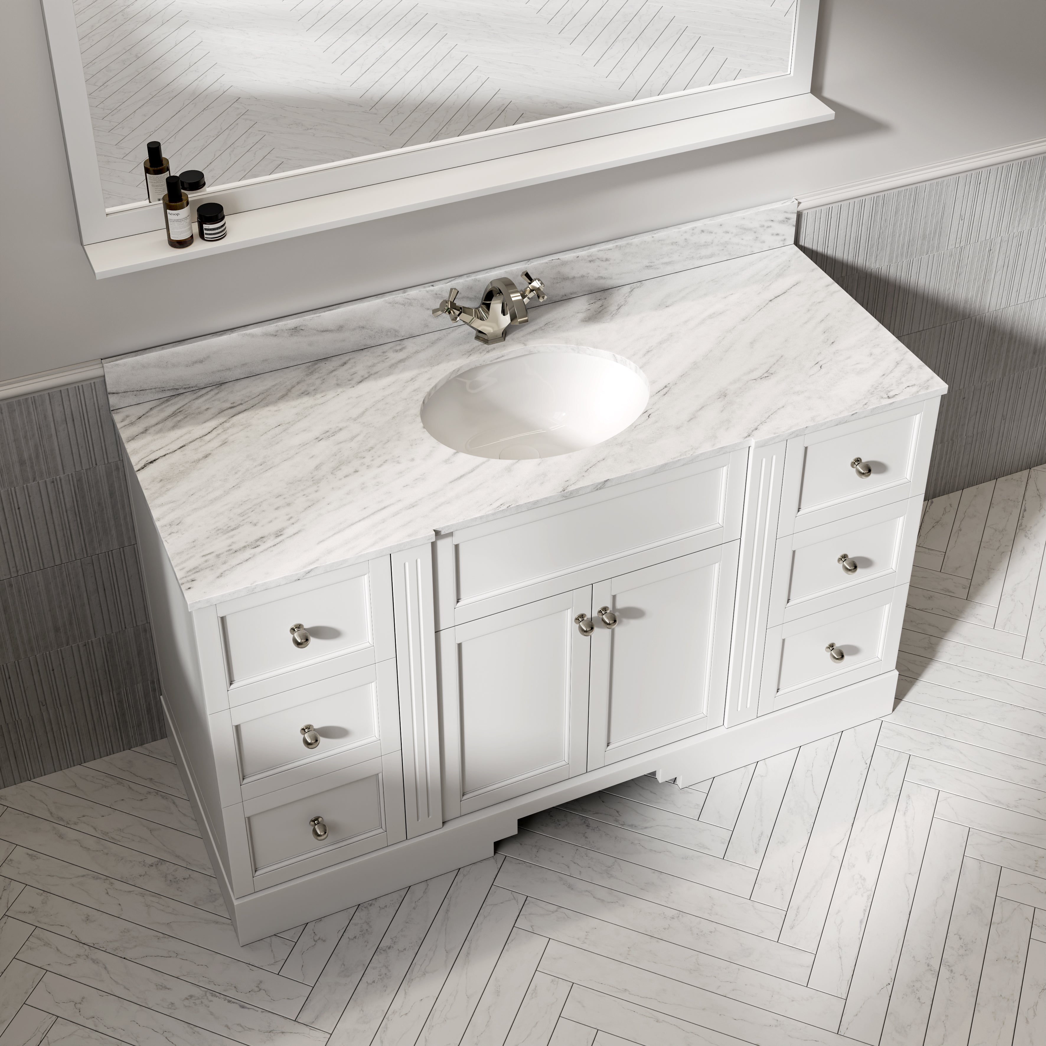 Wentworth Carrara Marble Floorstanding Vanity Unit (Matte White) 1400mm