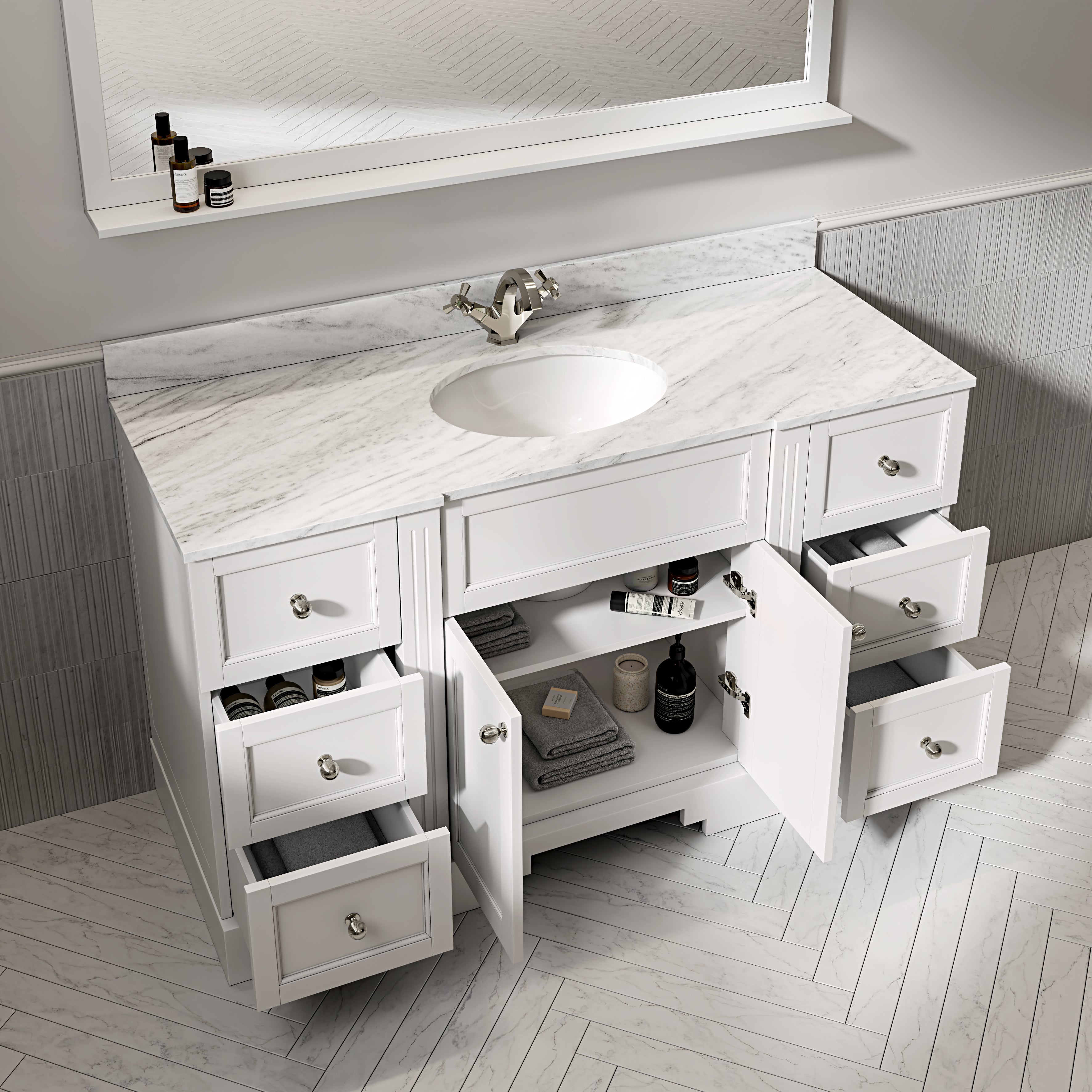 Wentworth Carrara Marble Floorstanding Vanity Unit (Matte White) 1400mm