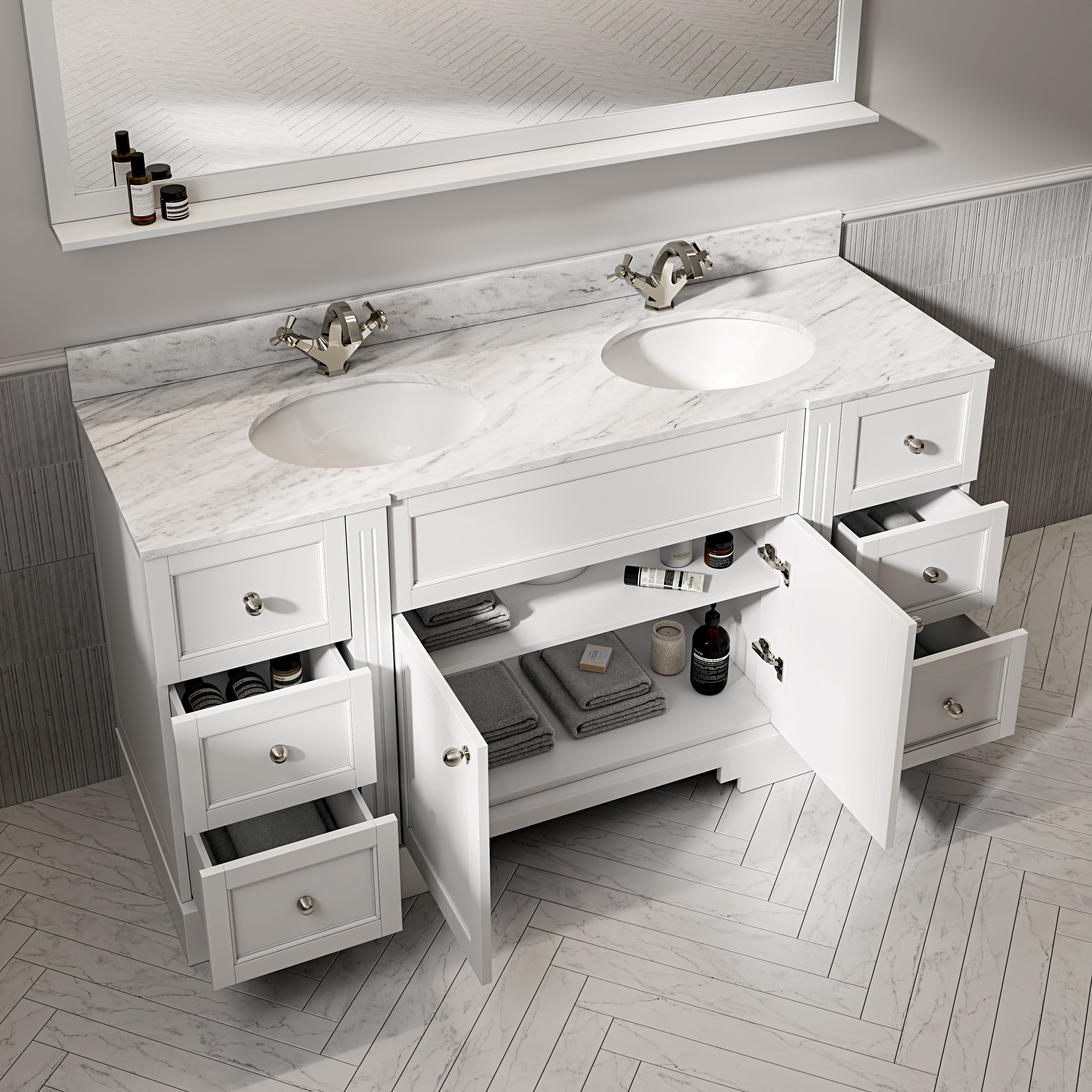 Wentworth Carrara Marble Floorstanding Vanity Unit (Matte White) 1600mm