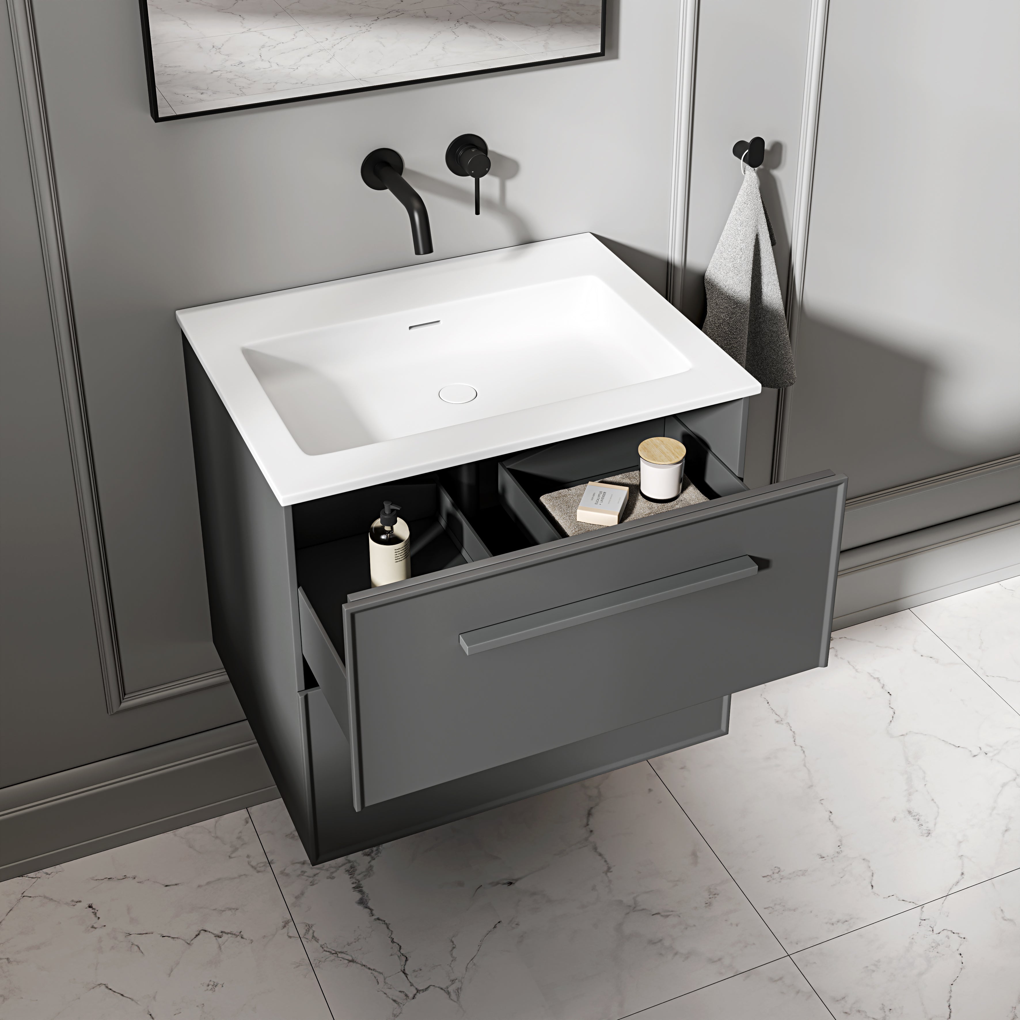 Farringdon Vanity Unit with Stone Basin (Matte Anthracite 600mm)