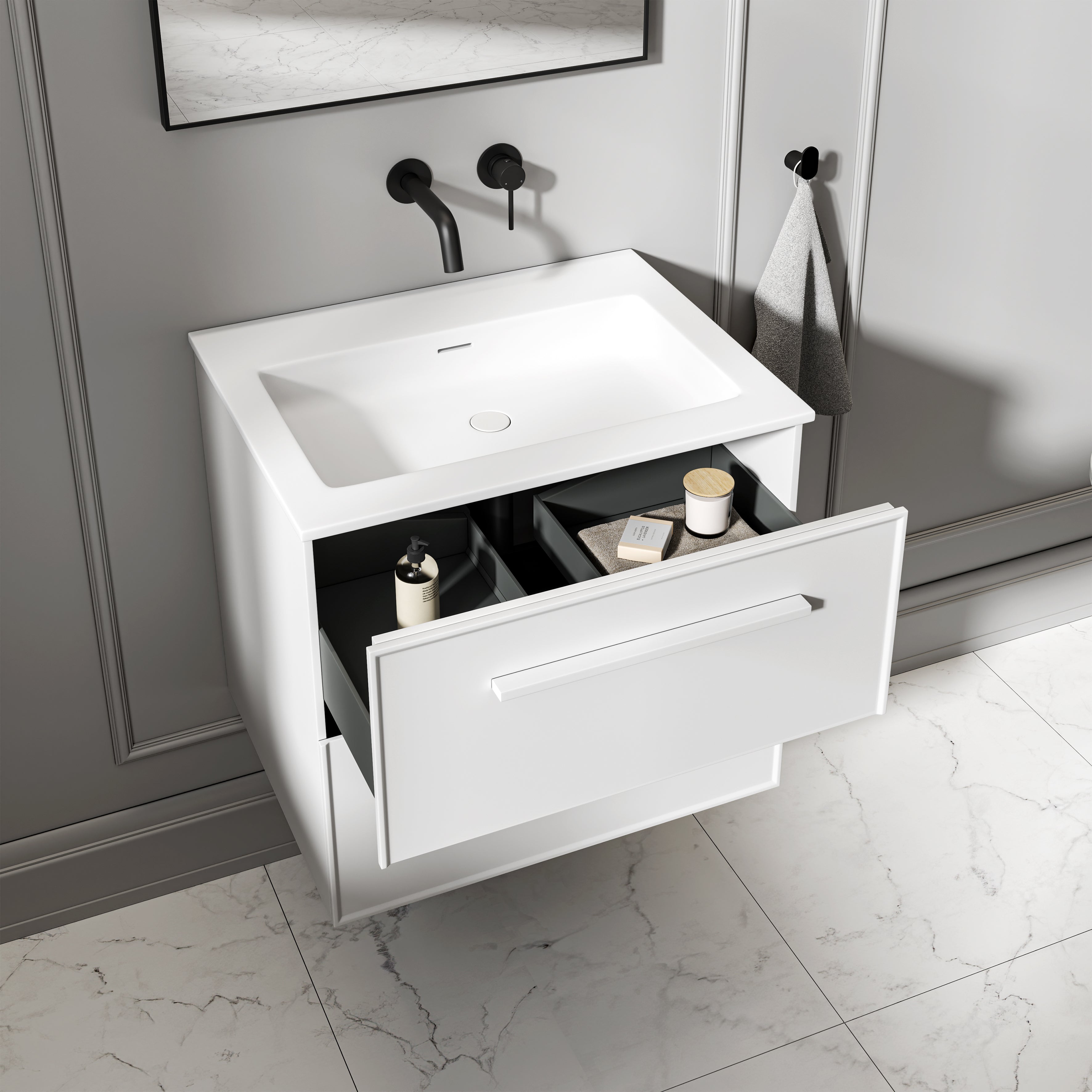 Farringdon Vanity Unit with Stone Basin (Matte White 600mm)